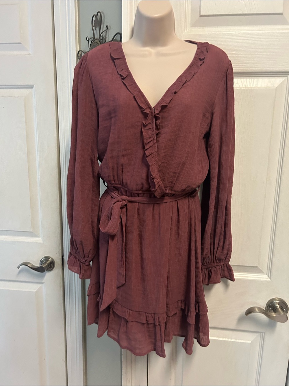 Women's Dark Ruffle Wrap Dress Elegant Long Sleeve Peasant Cottagecore Fairy